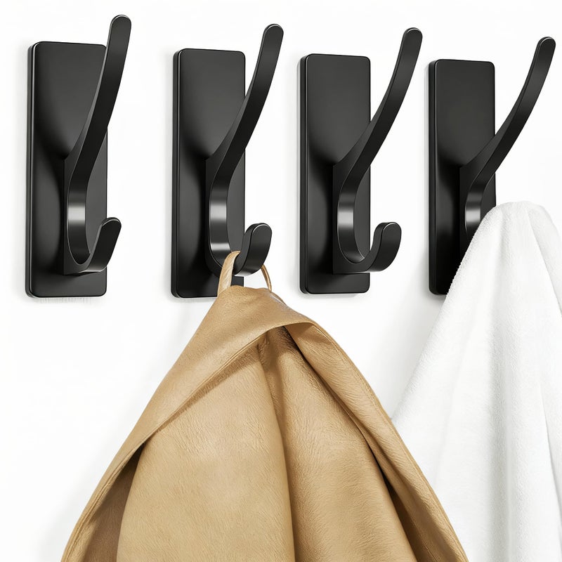 pickpiff Self Adhesive Coat Hooks for Hanging: Heavy Duty Stainless Wall Hook for Towel, Backpack, Hat, Sturdy Metal Hanger for Bathroom, Bedroom, Door, 4-Pack, Matt Black - Image 1